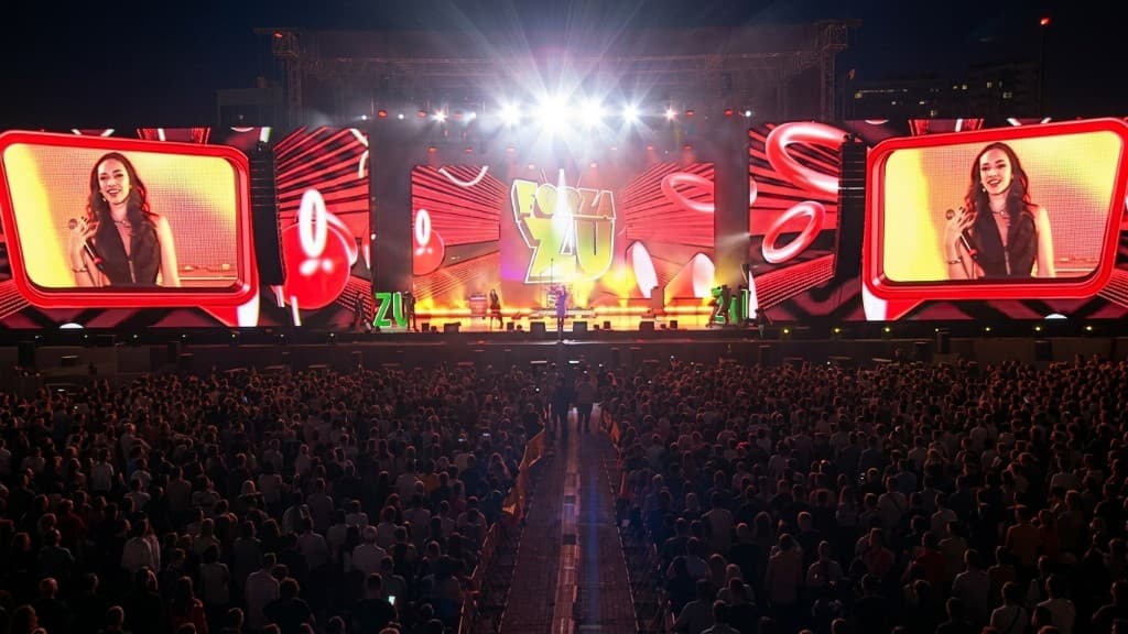 Irina Hint performing on a large festival stage